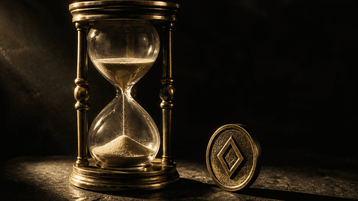 Sanduhr aus Messing und Glas mit rieselndem Sand neben einer aufrecht stehenden Metallmünze mit eingeprägtem rautenförmigem Symbol