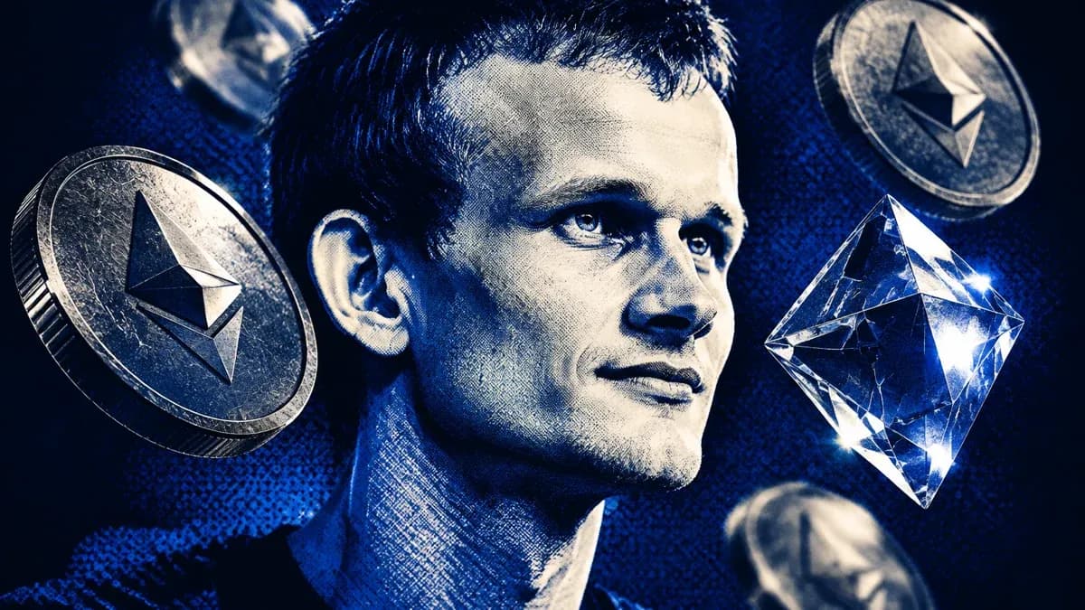 Duotone-Collage des Ethereum-Mitgründers Vitalik Buterin im Halbprofil, um den Kopf schweben Metallmünzen mit rautenförmigem Symbol und ein geschliffener Glaskörper
