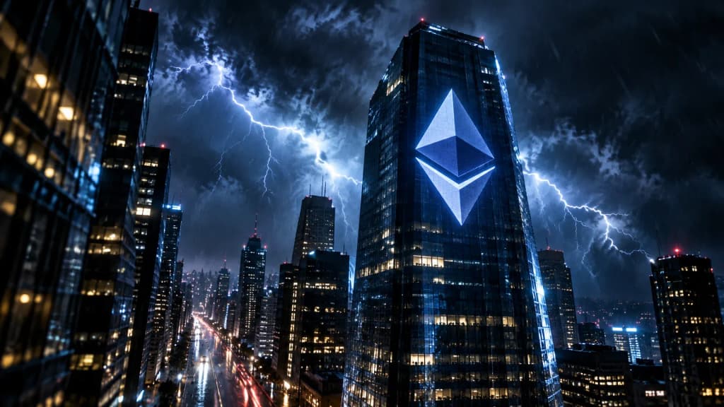 Gewitterfront bei Nacht über der Hochhausschlucht eines Bankenviertels, am höchsten Turm leuchtet groß das Ethereum-Zeichen
