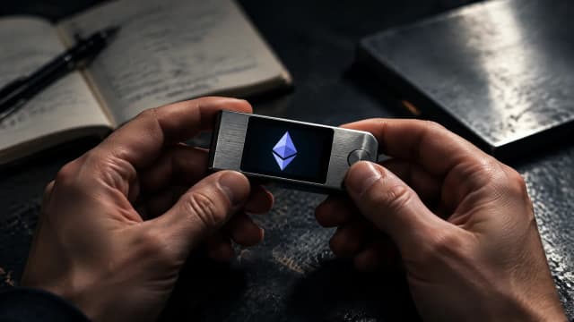 Zwei Haende halten eine markenlose Hardware-Wallet aus gebuerstetem Metall ueber einer dunklen Werkbank, auf dem Display leuchtet das Ethereum-Zeichen