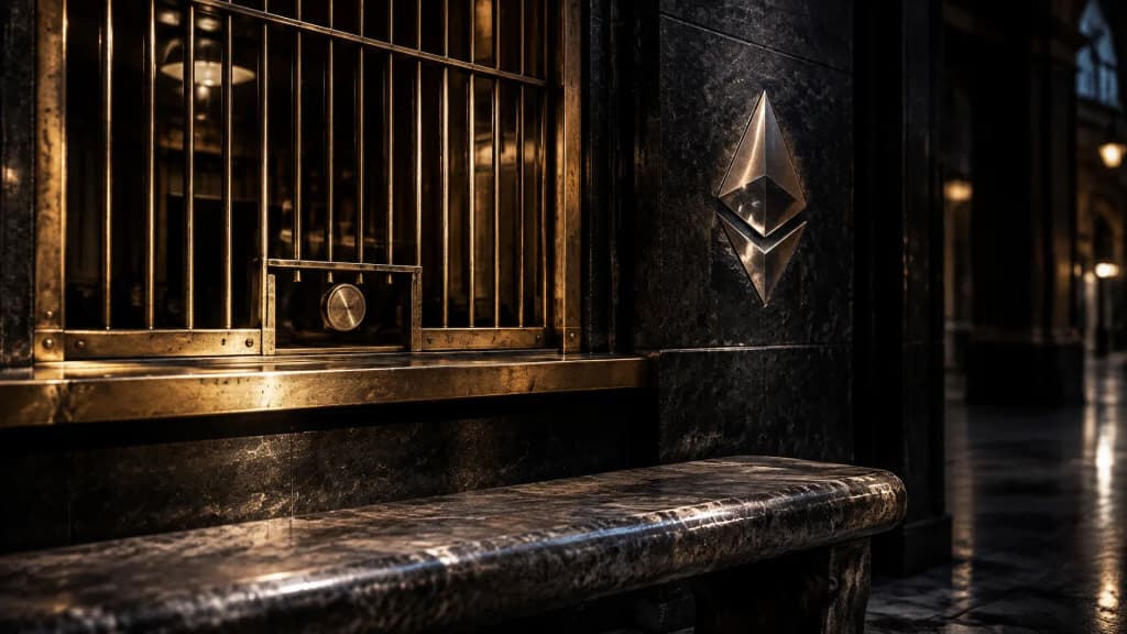 Vergitterter Messingschalter einer geschlossenen Wechselstube bei Nacht, in der Steinrueckwand dahinter das Ethereum-Zeichen als polierte Metallintarsie