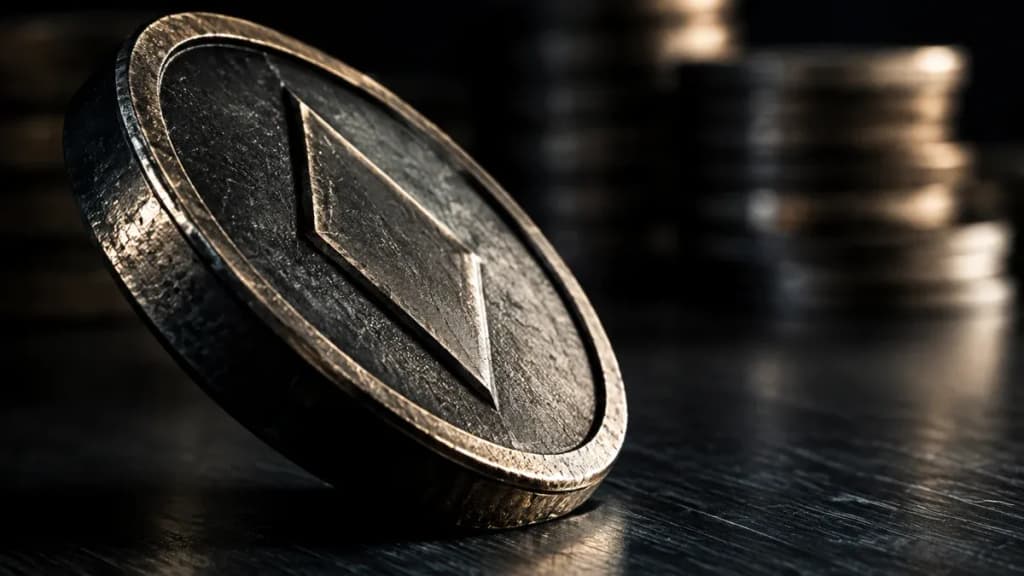 Makroaufnahme einer schweren Metallmuenze mit eingepraegtem rautenfoermigem Symbol auf gebuerstetem Stahl