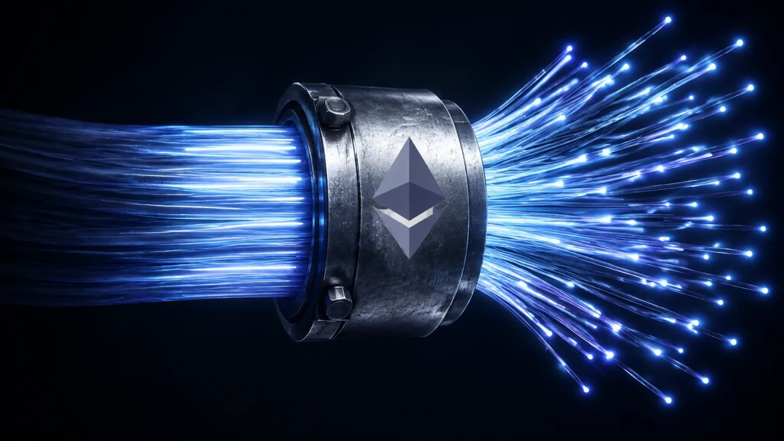 Glasfaserbündel, das sich hinter einer Metallmanschette mit dem Ethereum-Zeichen in viele einzeln leuchtende Stränge aufteilt
