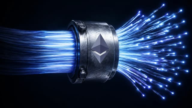 Glasfaserbündel, das sich hinter einer Metallmanschette mit dem Ethereum-Zeichen in viele einzeln leuchtende Stränge aufteilt