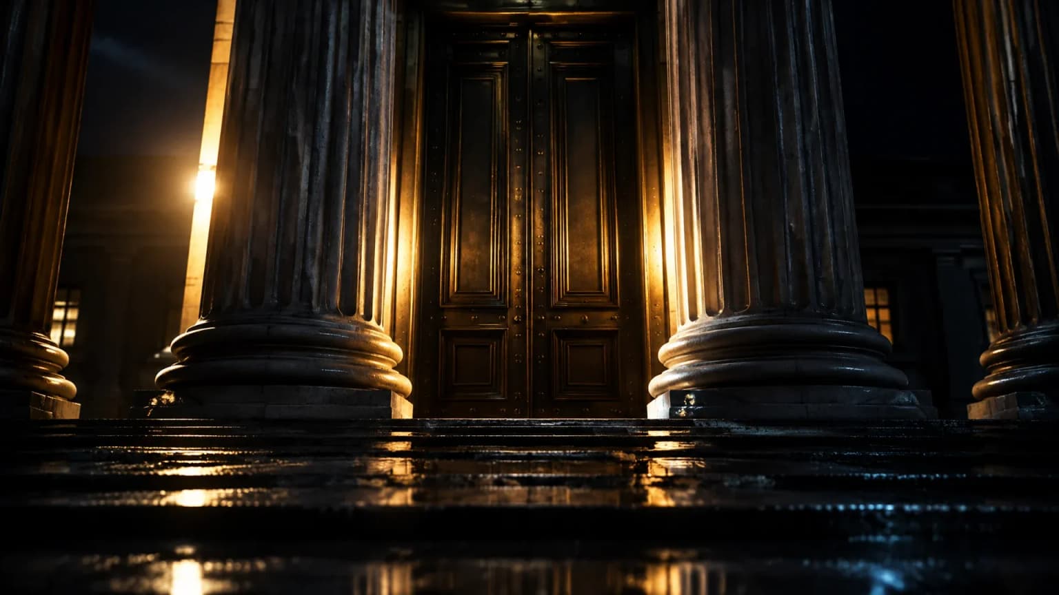 Klassizistisches Saeulenportal eines Notenbankgebaeudes bei Nacht, schwere geschlossene Bronzetuer zwischen den Saeulen, nasse Steinstufen im Gegenlicht