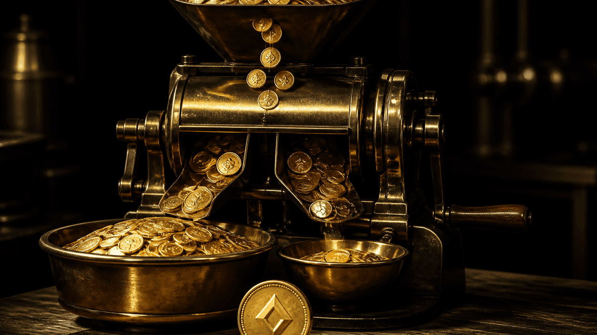 Messing-Sortiermaschine auf dunkler Werkbank, die Goldmünzen in zwei ungleich große Schalen verteilt, davor eine Münze mit rautenförmigem Symbol