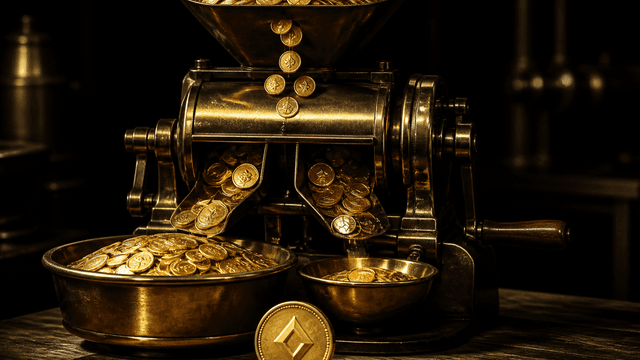 Messing-Sortiermaschine auf dunkler Werkbank, die Goldmuenzen in zwei ungleich grosse Schalen verteilt, davor eine Muenze mit rautenfoermigem Symbol