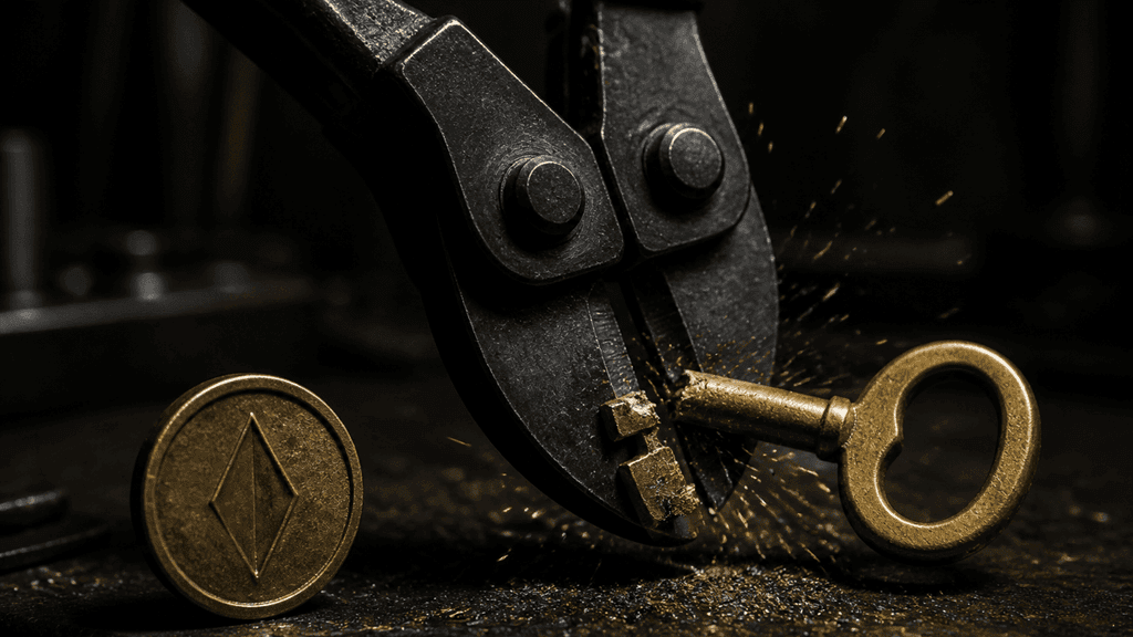 Ein Bolzenschneider durchtrennt einen massiven Messingschluessel auf einer Werkbank, daneben eine Metallmuenze mit rautenfoermigem Symbol