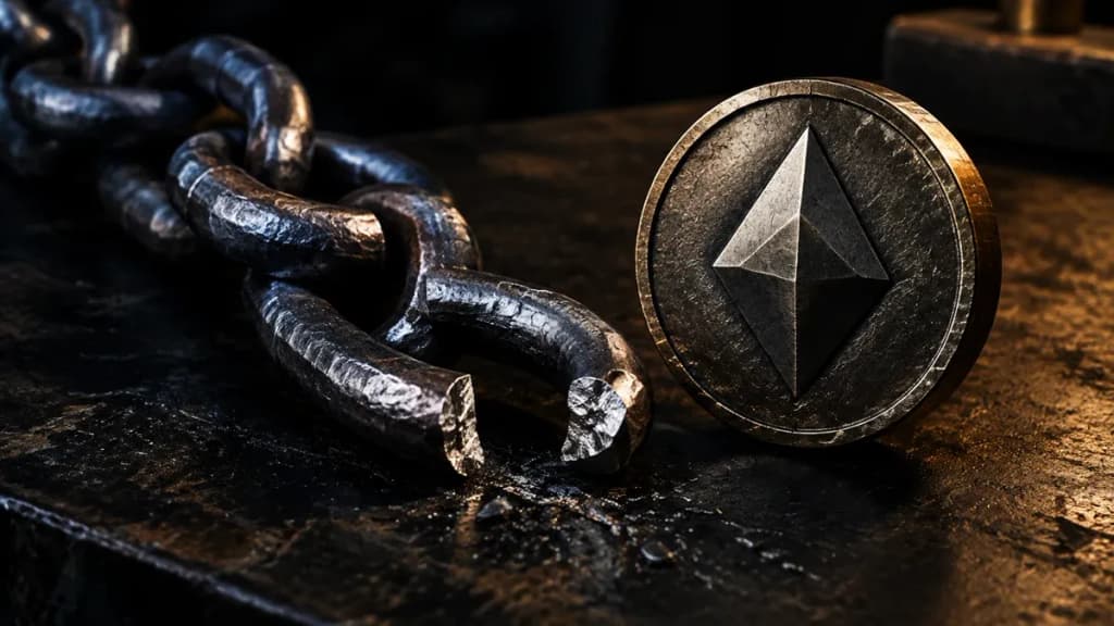 Schwere Metallkette auf einer Werkbank, ihr letztes Glied ist aufgetrennt, daneben eine Münze mit eingeprägtem rautenförmigem Symbol