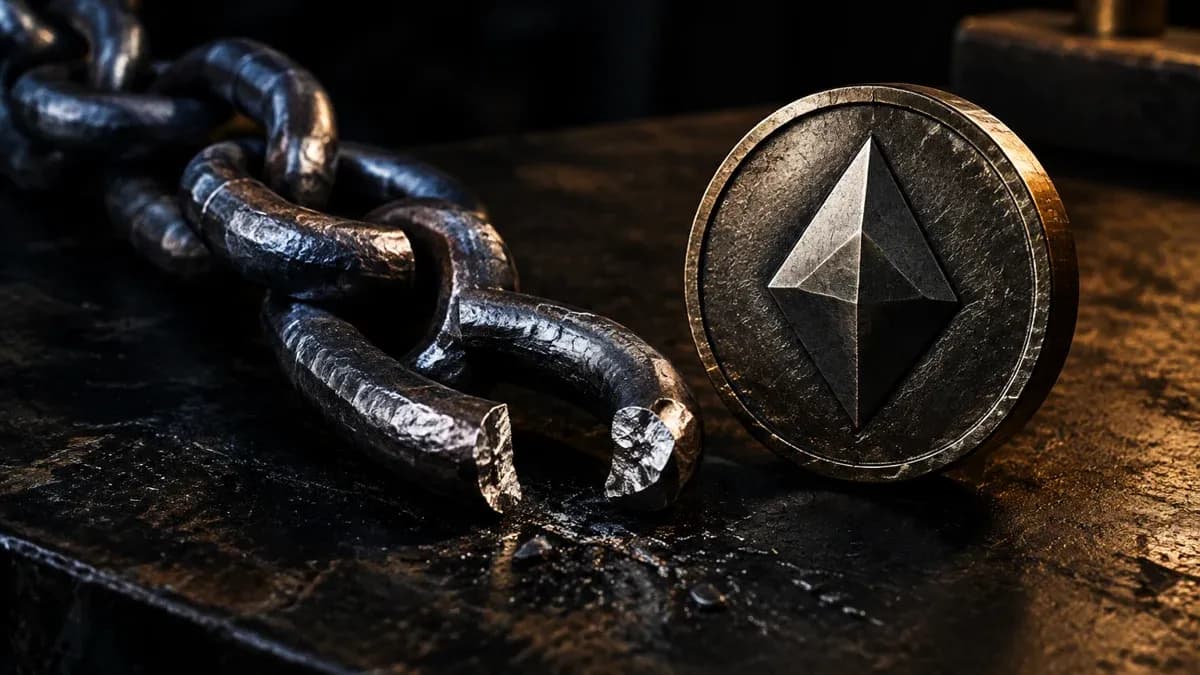 Schwere Metallkette auf einer Werkbank, ihr letztes Glied ist aufgetrennt, daneben eine Münze mit eingeprägtem rautenförmigem Symbol