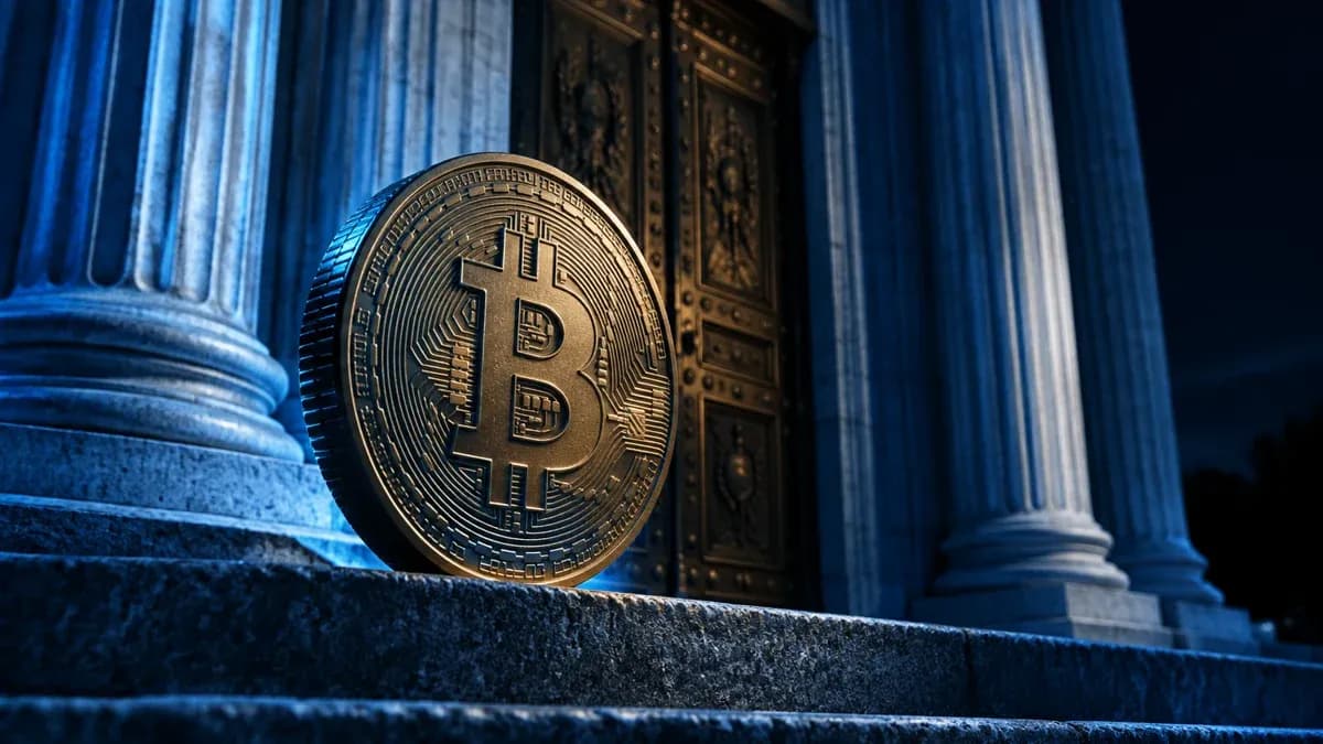 Monumentales Behördenportal aus hellem Stein bei Nacht, davor eine schwere Metallmünze mit eingeprägtem Bitcoin-Symbol auf der obersten Stufe