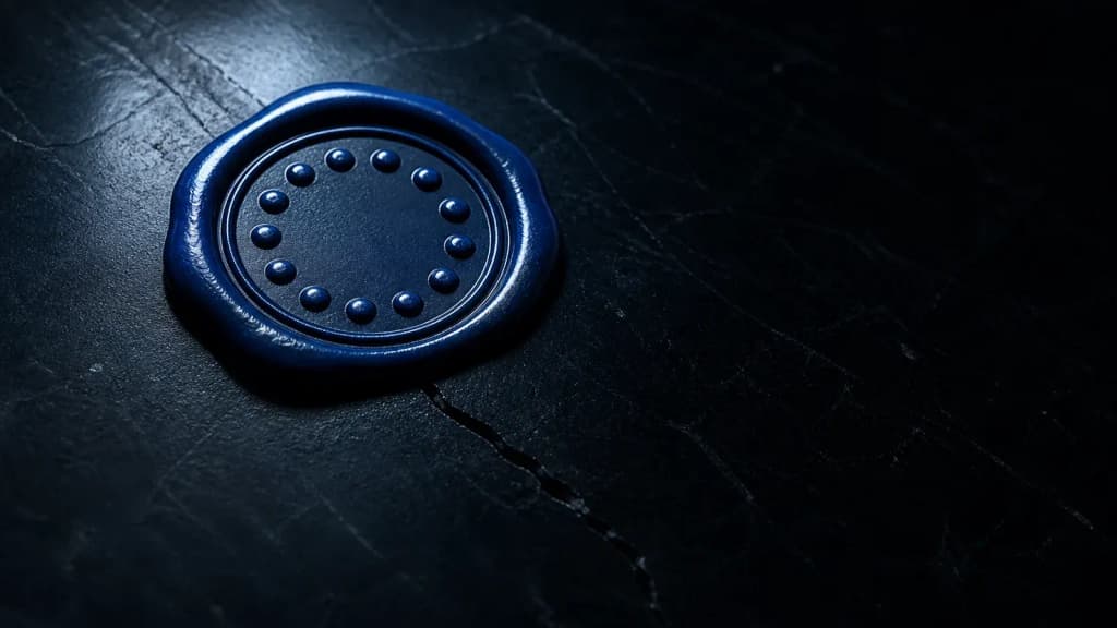 Ein amtliches Siegel mit zwölf Punkten auf dunklem Stein, von dem ein feiner Riss ausgeht, als Sinnbild für die EUDI-Wallet und ihre offenen Fragen