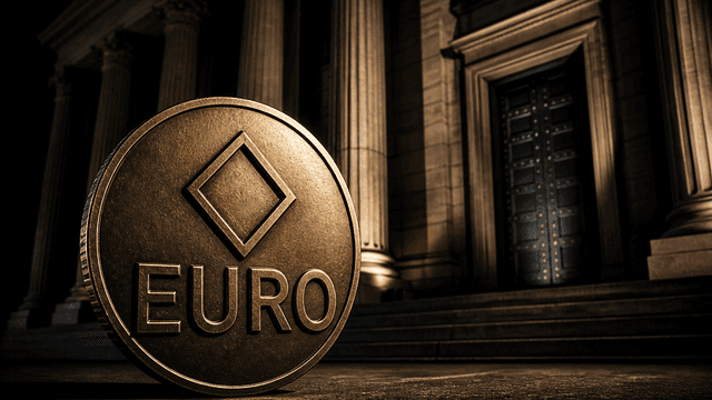 Große geprägte Metallmünze mit eingeprägtem rautenförmigem Symbol und dem Schriftzug EURO vor dem nächtlich beleuchteten Säulenportal eines klassizistischen Bankgebäudes