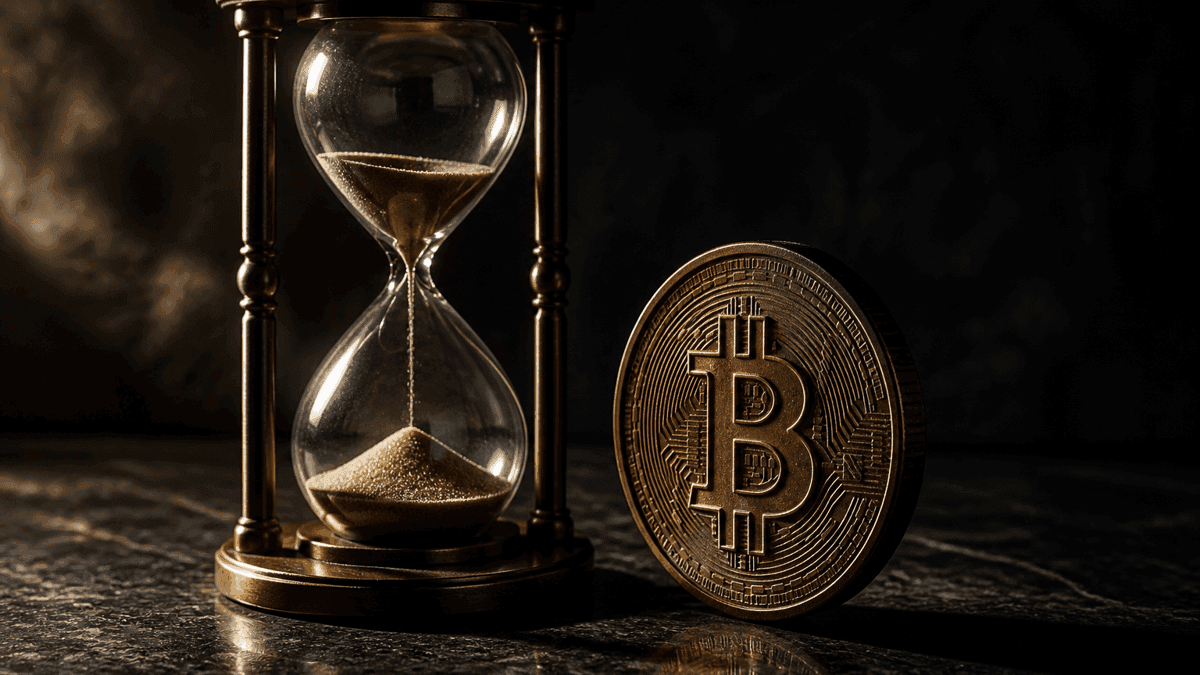 Gläserne Sanduhr mit fast durchgelaufenem Sand, daneben eine hochkant stehende Münze mit eingeprägtem Bitcoin-Zeichen auf dunklem Stein