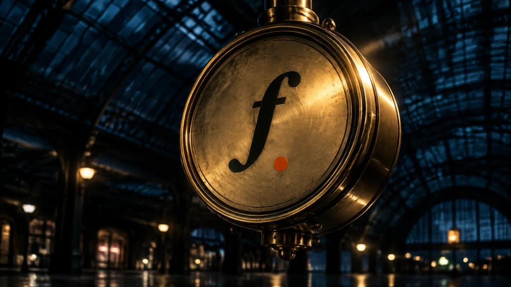 Große Bahnhofsuhr ohne Ziffern unter dem Glasdach einer nächtlichen Halle, mit dem FF-Zeichen als Gravur in der Messingfassung
