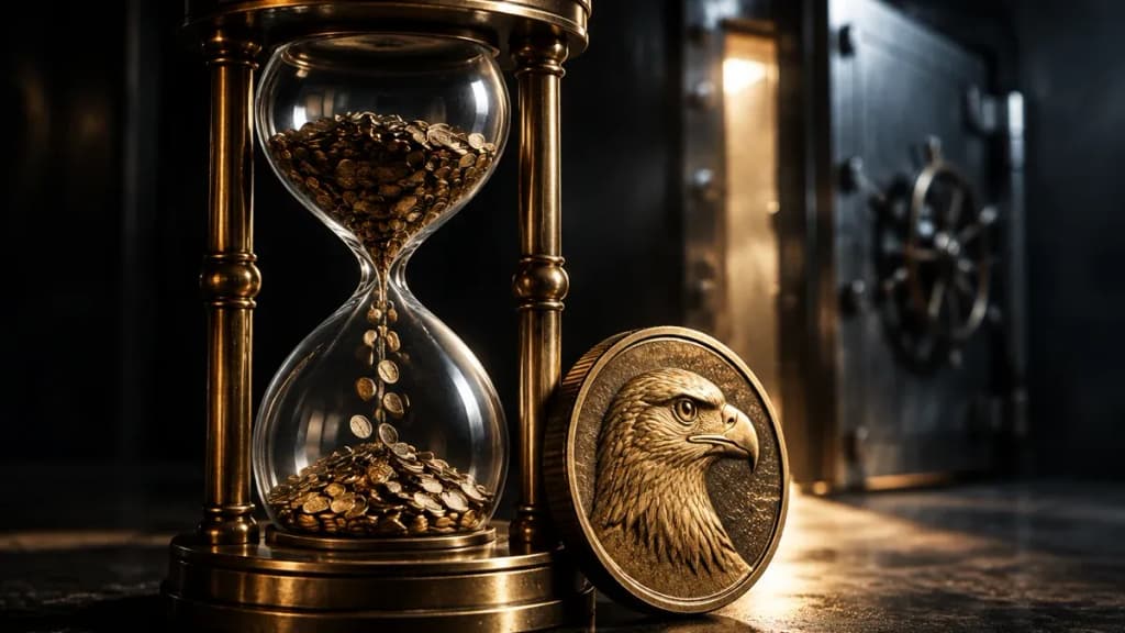 Messing-Sanduhr, in der kleine Münzen nach unten rieseln, daneben eine große geprägte Münze vor einer sich öffnenden Stahltür