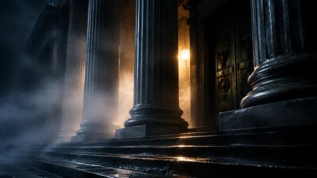 Säulenportal eines klassizistischen Notenbankgebäudes bei Nacht, Nebel zieht zwischen den Säulen hindurch