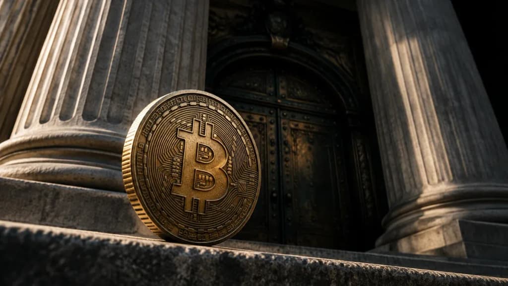 Monumentales Säulenportal eines klassizistischen Notenbankgebäudes, im Vordergrund eine schwere Metallmünze mit eingeprägtem Bitcoin-Zeichen auf einer Steinstufe