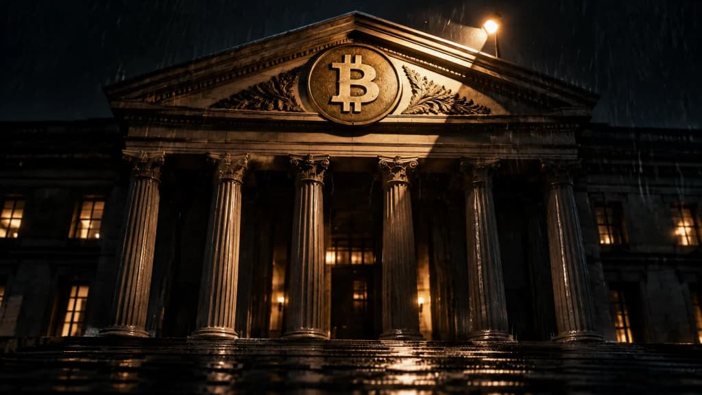 Nächtliches Notenbankgebäude mit Säulenportal, im Giebel ein Bronzerelief mit dem Bitcoin-Zeichen