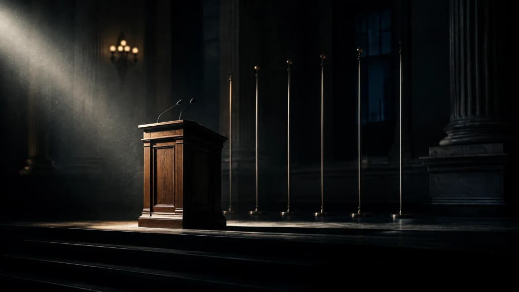 Rednerpult allein auf einem dunklen Podium vor einer Reihe schlichter Fahnenmasten ohne Flaggentuch, harter Lichtkegel von der Seite