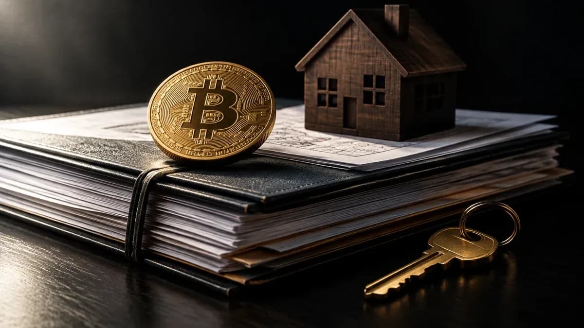 A heavy coin with an embossed Bitcoin symbol on a stack of bound loan documents, beside it a front door key and a small wooden model of a house