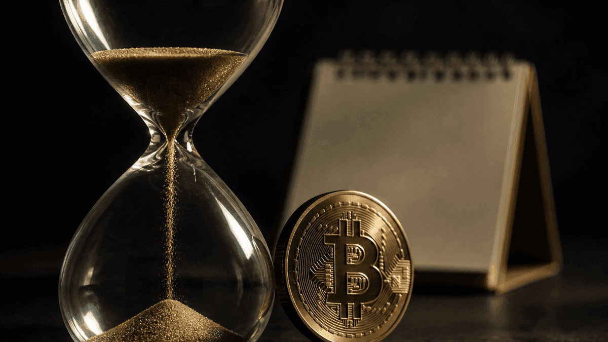 Eine gläserne Sanduhr mit fast durchgelaufenem Sand neben einer aufrecht stehenden goldenen Münze mit eingeprägtem Bitcoin-Zeichen, dahinter ein unbeschriftetes Kalenderblatt