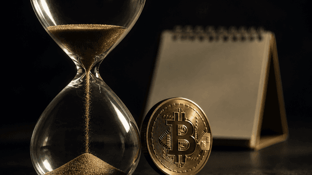 Eine glaeserne Sanduhr mit fast durchgelaufenem Sand neben einer aufrecht stehenden goldenen Muenze mit eingepraegtem Bitcoin-Zeichen, dahinter ein unbeschriftetes Kalenderblatt