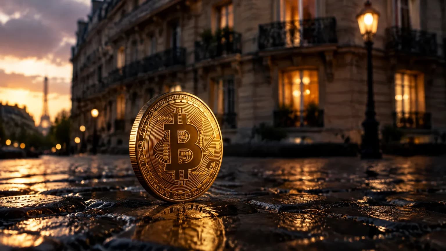Pièce de bitcoin dorée posée sur un pavé parisien devant une façade haussmannienne au crépuscule