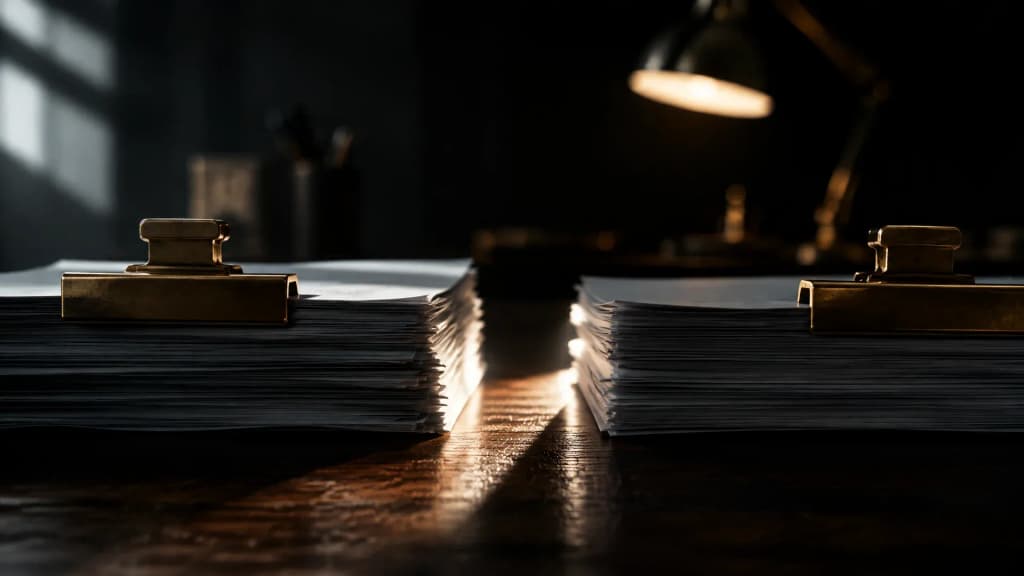 Zwei getrennte Papierstapel auf einem dunklen Holztisch, jeder von einer Messingklammer beschwert, dazwischen ein harter Lichtstreifen