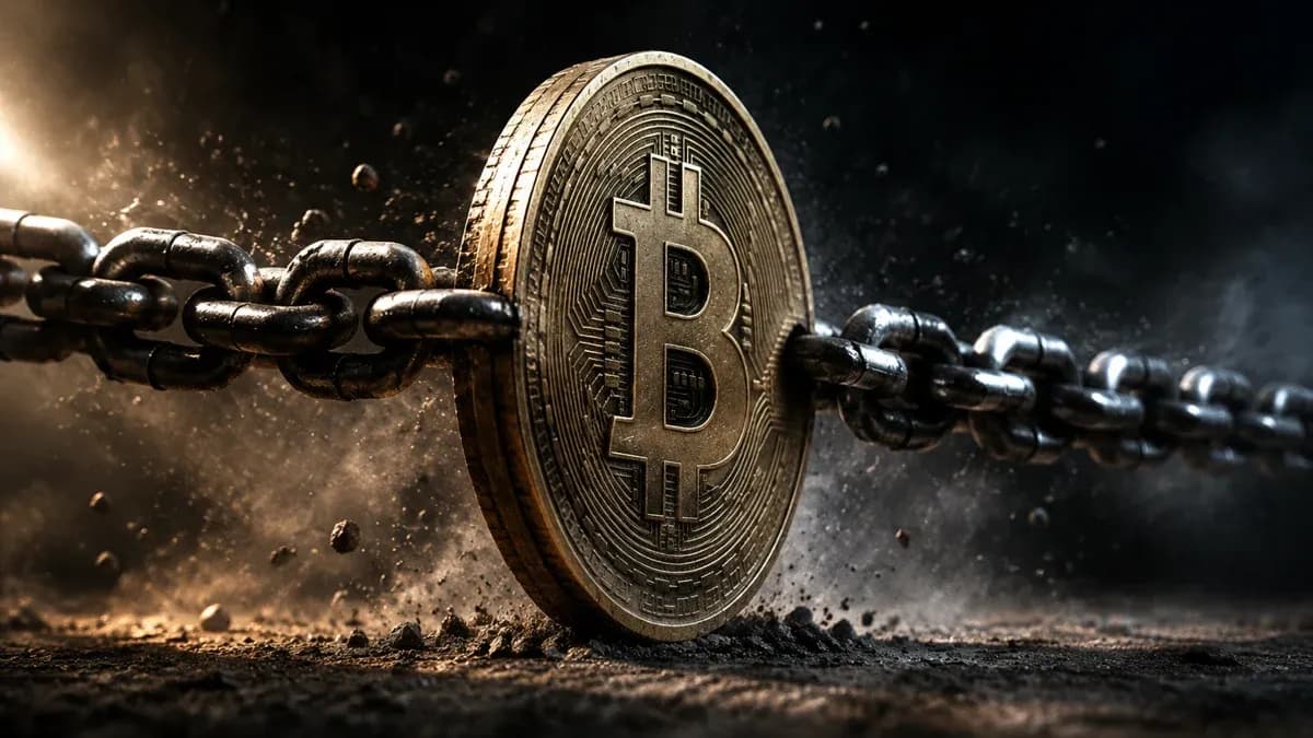 Aufrecht stehende Metallmünze mit eingeprägtem Bitcoin-Zeichen, an der zwei gespannte Stahlketten von links und rechts in entgegengesetzte Richtungen ziehen