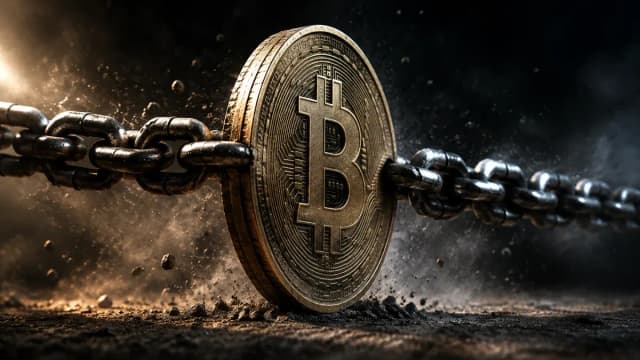Aufrecht stehende Metallmünze mit eingeprägtem Bitcoin-Zeichen, an der zwei gespannte Stahlketten von links und rechts in entgegengesetzte Richtungen ziehen