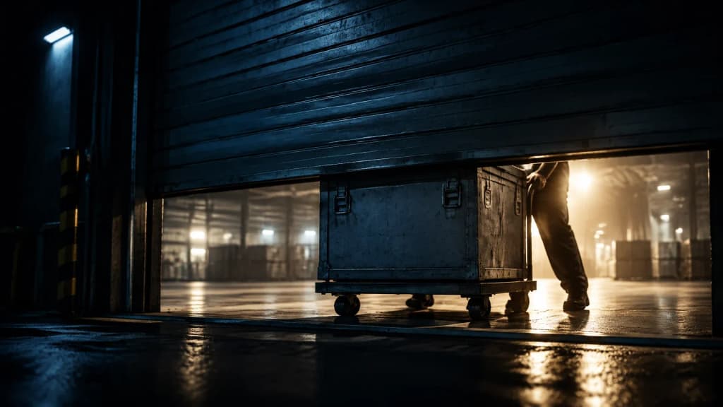Halb herabgelassenes Rolltor an einem nächtlichen Frachtterminal, durch das eine letzte Metallkiste auf einem Rollwagen geschoben wird