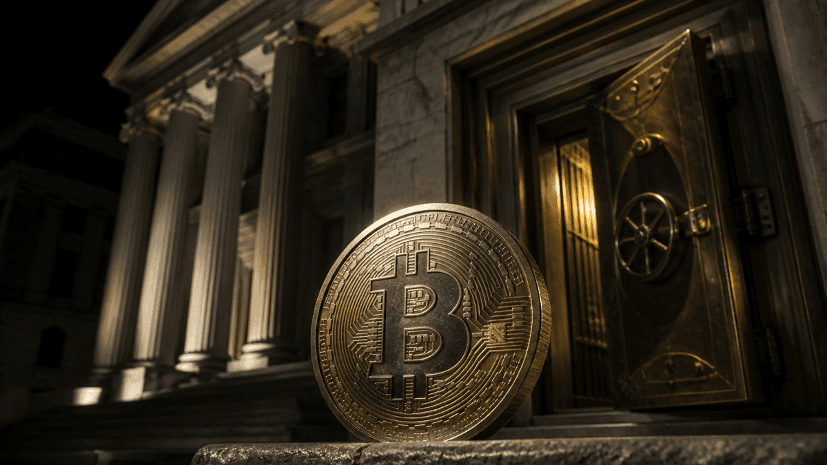 Goldene Bitcoin-Muenze auf einer Steinbruestung vor einem naechtlichen Saeulenportal und einem halb geoeffneten Bronze-Tresortor