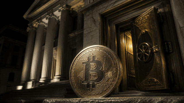 Goldene Bitcoin-Muenze auf einer Steinbruestung vor einem naechtlichen Saeulenportal und einem halb geoeffneten Bronze-Tresortor