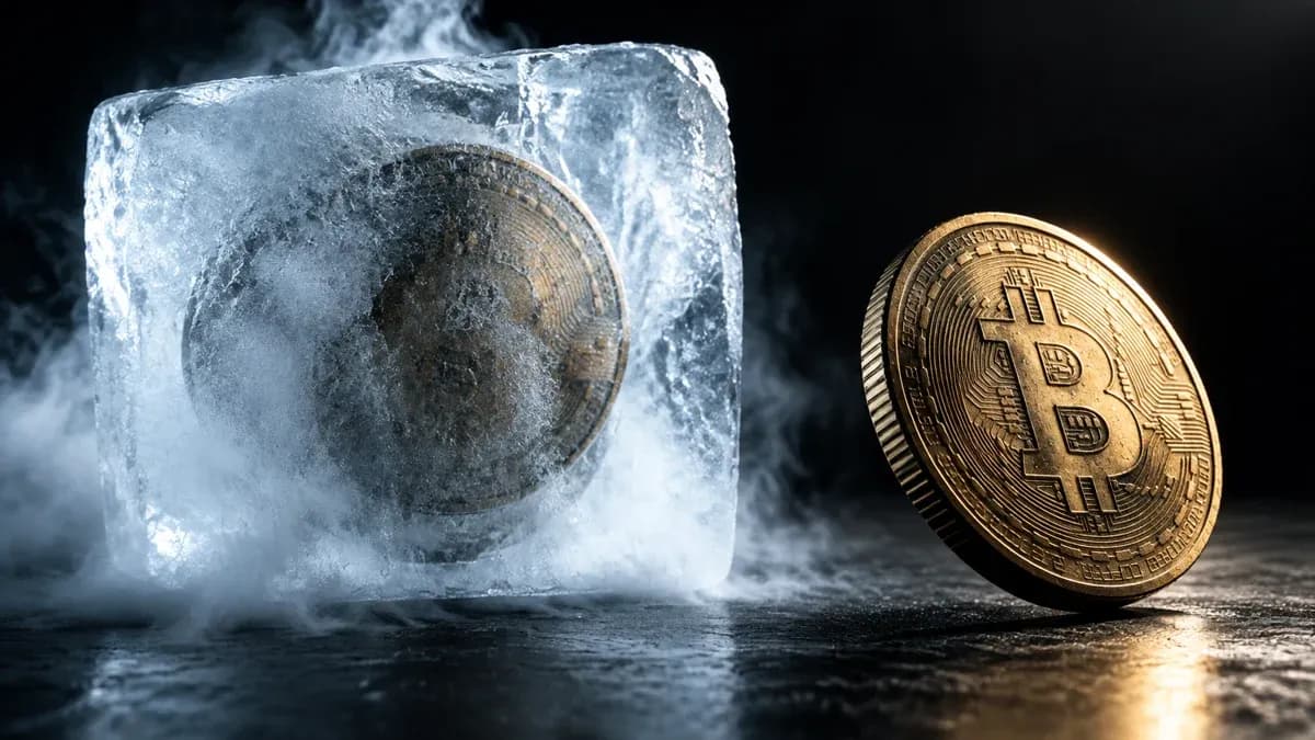 Zwei Münzen auf dunklem Stahl: die linke vollständig in einem milchigen Eisblock eingeschlossen, die rechte frei daneben im Licht