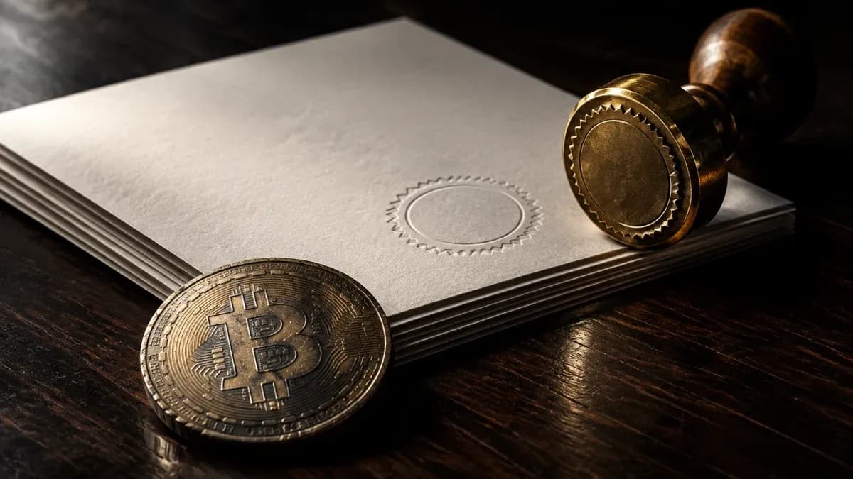 Blanker Papierstapel mit rundem Prägesiegel-Abdruck, Messingstempel und eine zerkratzte Metallmünze mit Bitcoin-Zeichen auf dunklem Holzschreibtisch