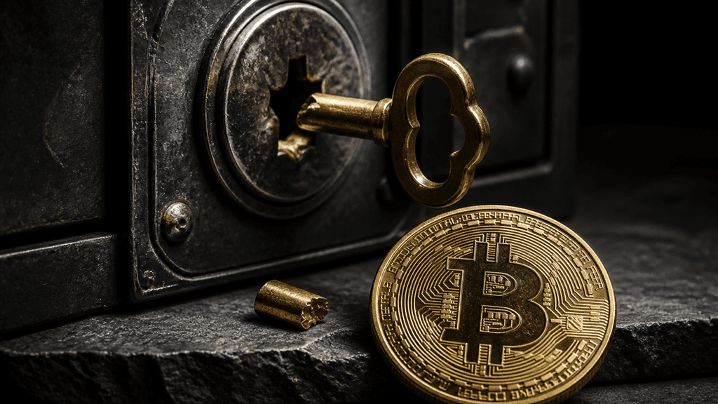 Abgebrochener Messingschlüssel in einem massiven Tresorschloss, davor eine Metallmünze mit Bitcoin-Symbol