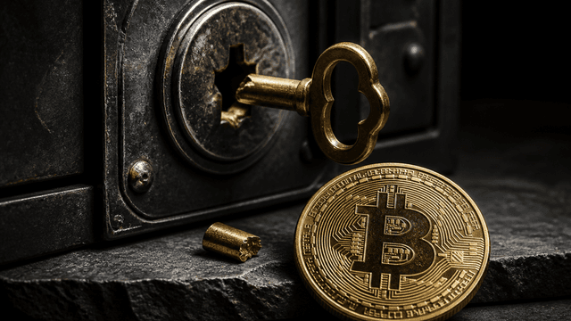 Abgebrochener Messingschlüssel in einem massiven Tresorschloss, davor eine Metallmünze mit Bitcoin-Symbol