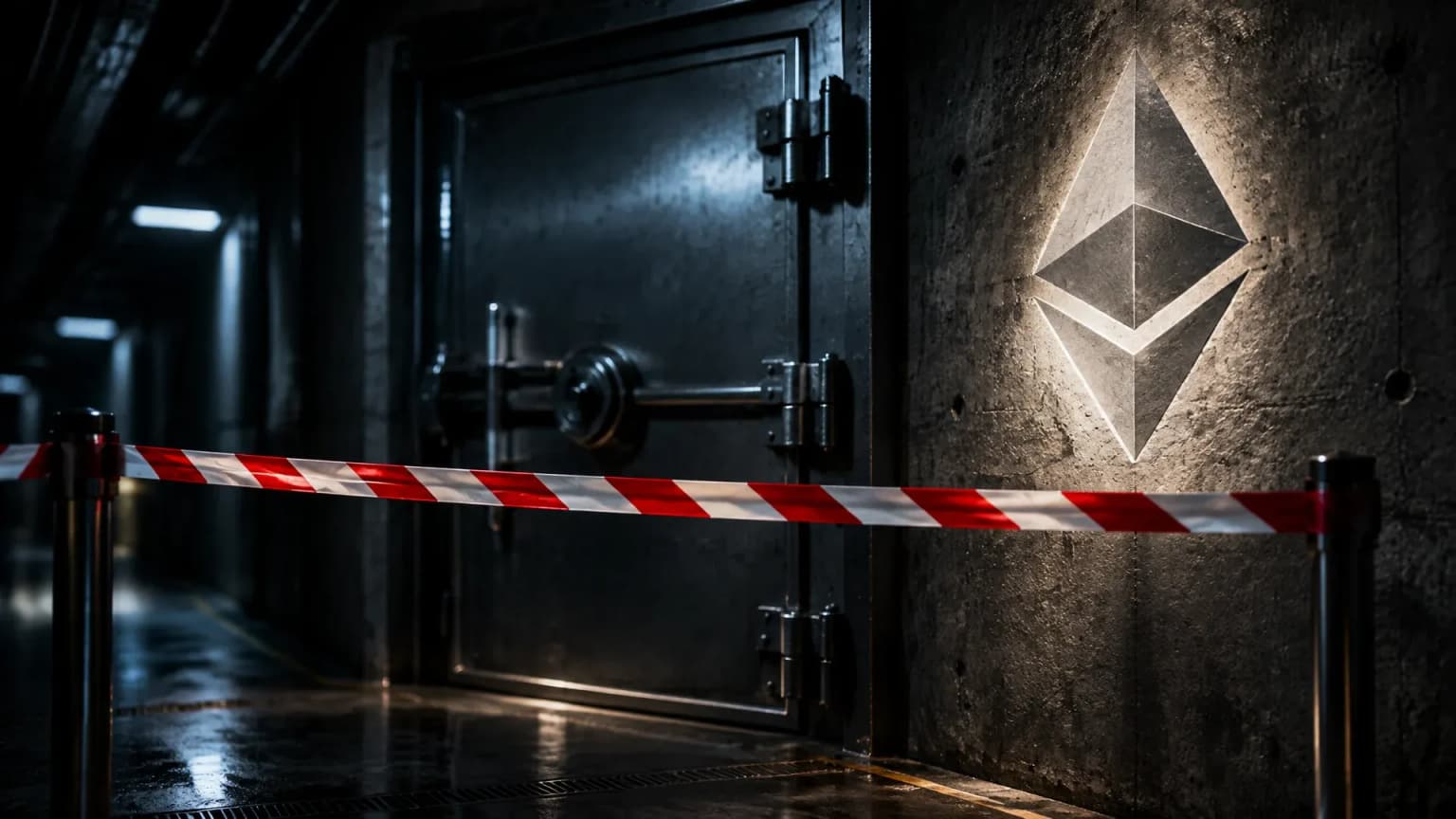 Quer gespanntes Absperrband vor einer geschlossenen Stahltür am Ende eines dunklen Technikgangs, in der Betonwand daneben das Ethereum-Zeichen als helle Intarsie