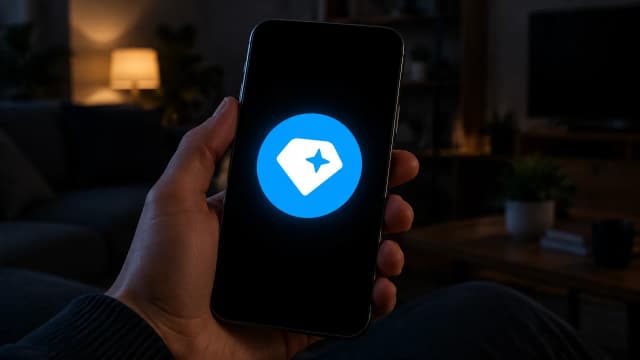 Hand mit einem markenlosen Smartphone im abgedunkelten Wohnraum, auf dem Display leuchtet das Gram-Zeichen
