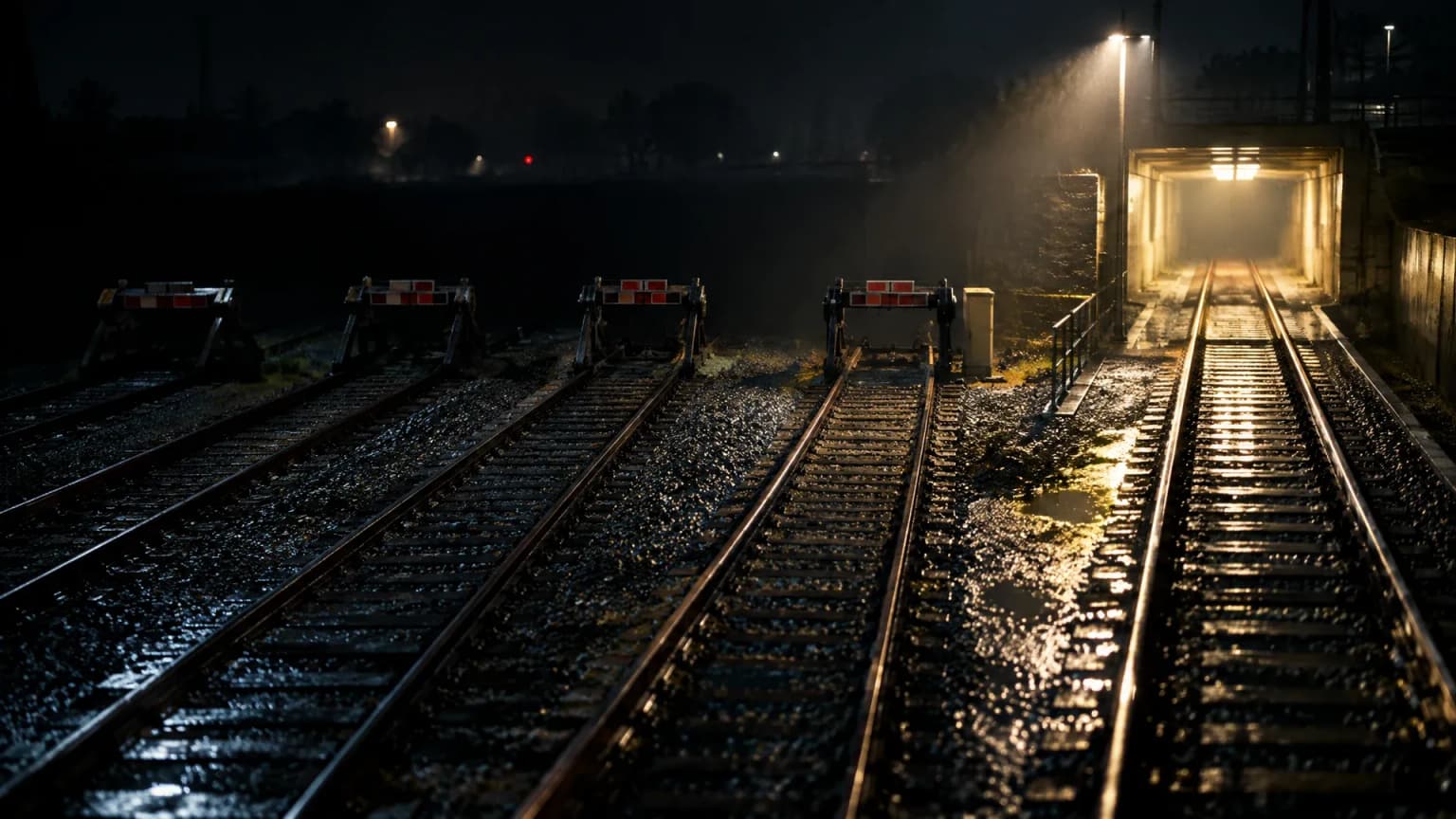 Nächtlicher Rangierbahnhof, mehrere Gleise enden an massiven Prellböcken im Dunkeln, ein einziges Gleis führt weiter in eine beleuchtete Unterführung