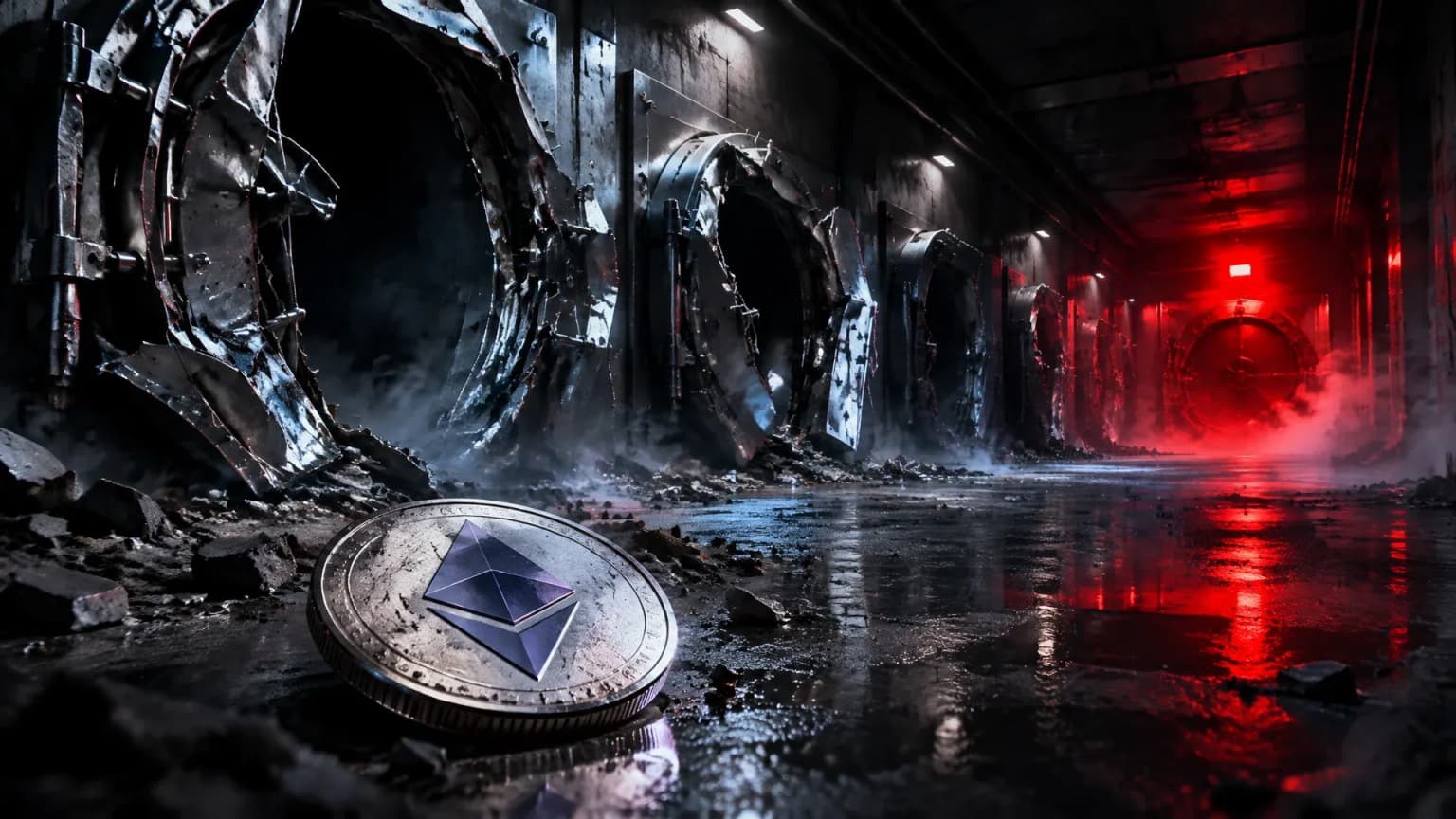 Dark corridor with a row of blasted vault doors, the last one glowing red, an Ethereum coin in the foreground