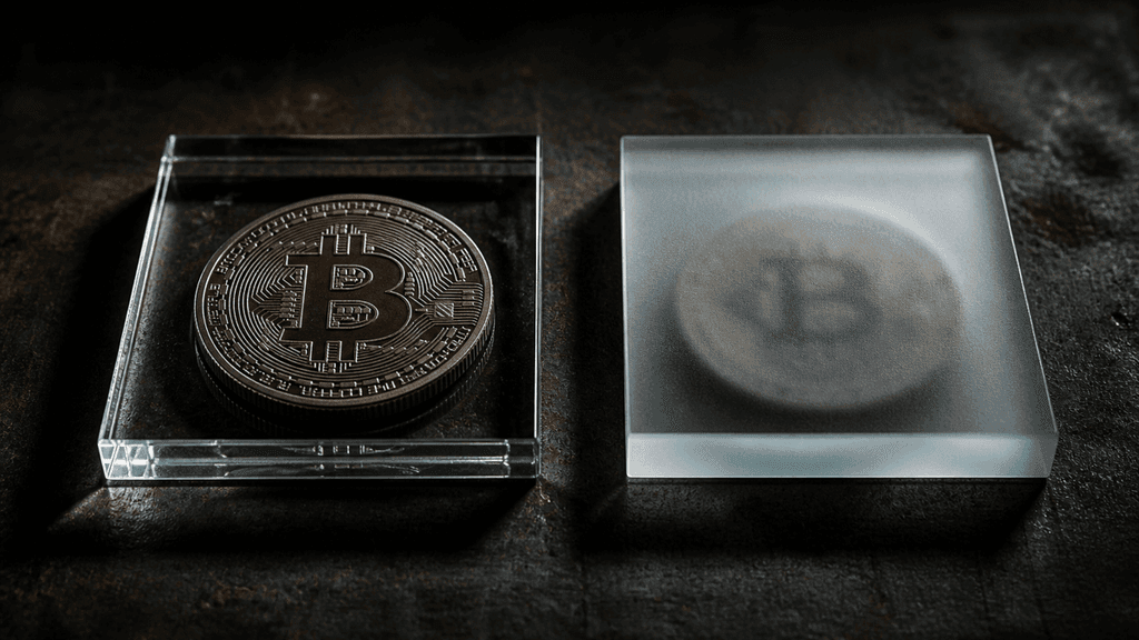 Zwei geprägte Münzen mit Bitcoin-Symbol auf dunklem Stahl, die linke unter klarem Glas gestochen scharf, die rechte unter mattiertem Glas nur als Schemen