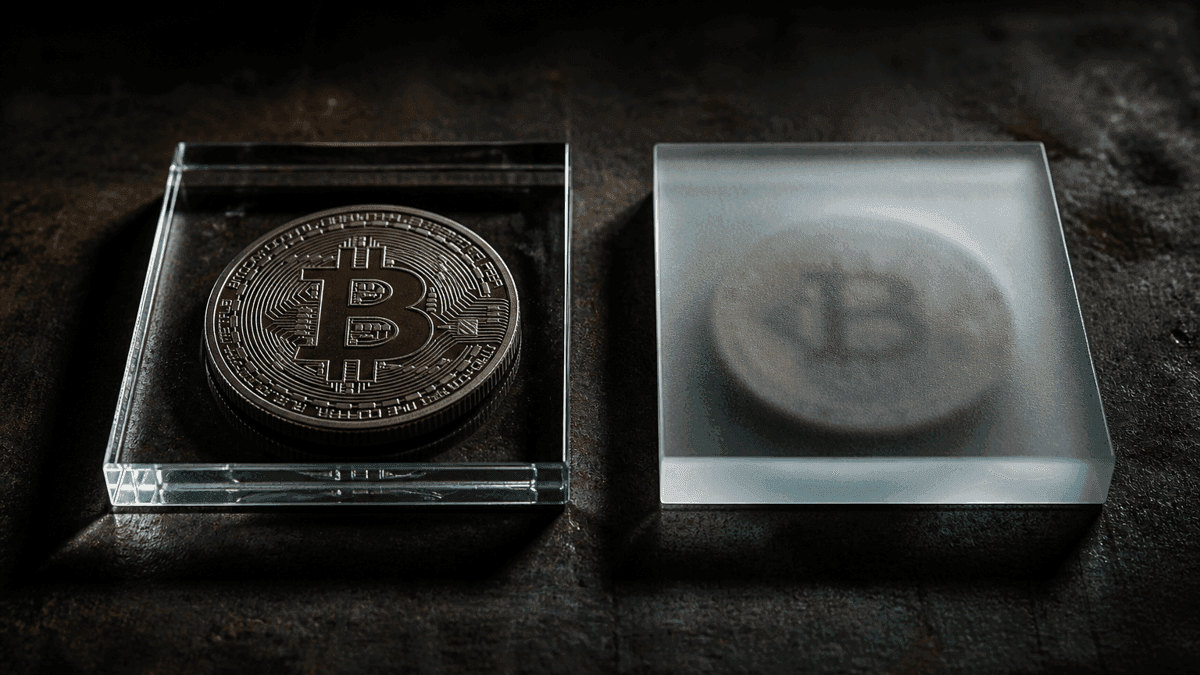 Two embossed coins bearing the bitcoin symbol on dark steel, the left one razor-sharp under clear glass, the right one only a silhouette under frosted glass