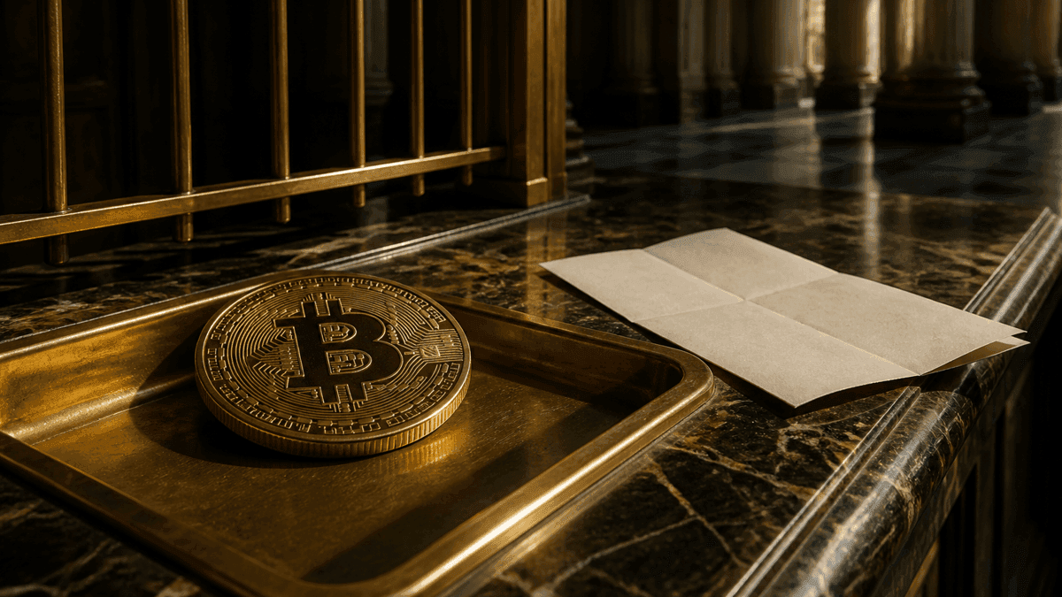 Marmorne Bankschaltertheke mit Messinggitter, darauf eine große geprägte Bitcoin-Münze neben einem leeren Papierbogen