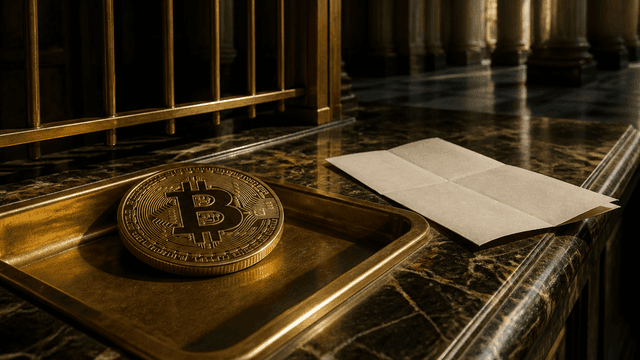 Marmorne Bankschaltertheke mit Messinggitter, darauf eine grosse geprägte Bitcoin-Münze neben einem leeren Papierbogen