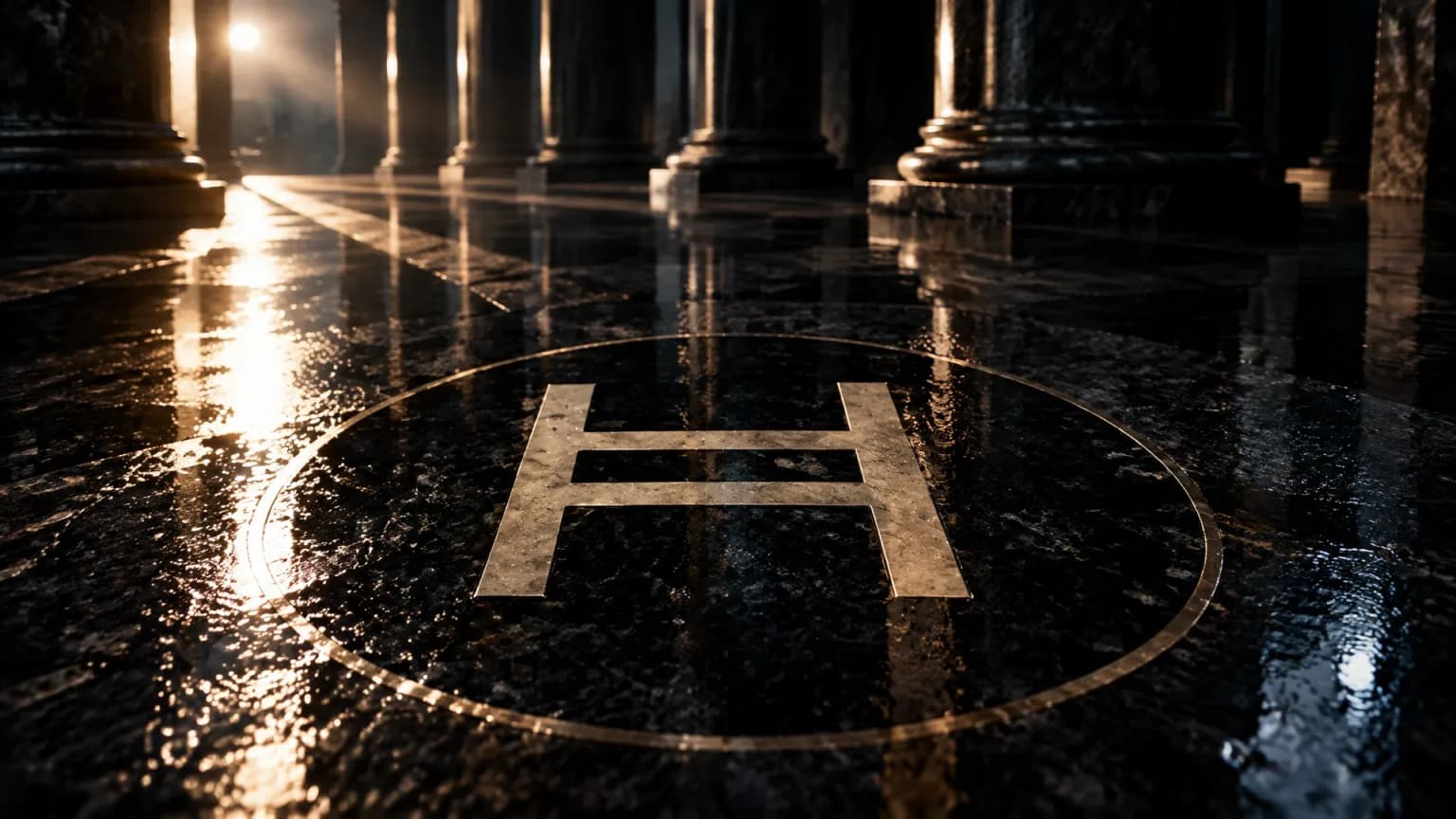 A metal inlay of the HBAR symbol in the granite floor of a colonnaded hall at night