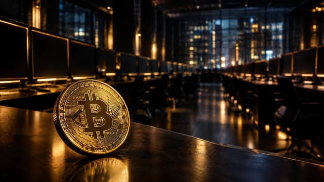 Handelssaal bei Nacht mit leeren Monitorflächen, im Vordergrund eine Metallmünze mit eingeprägtem Bitcoin-Zeichen