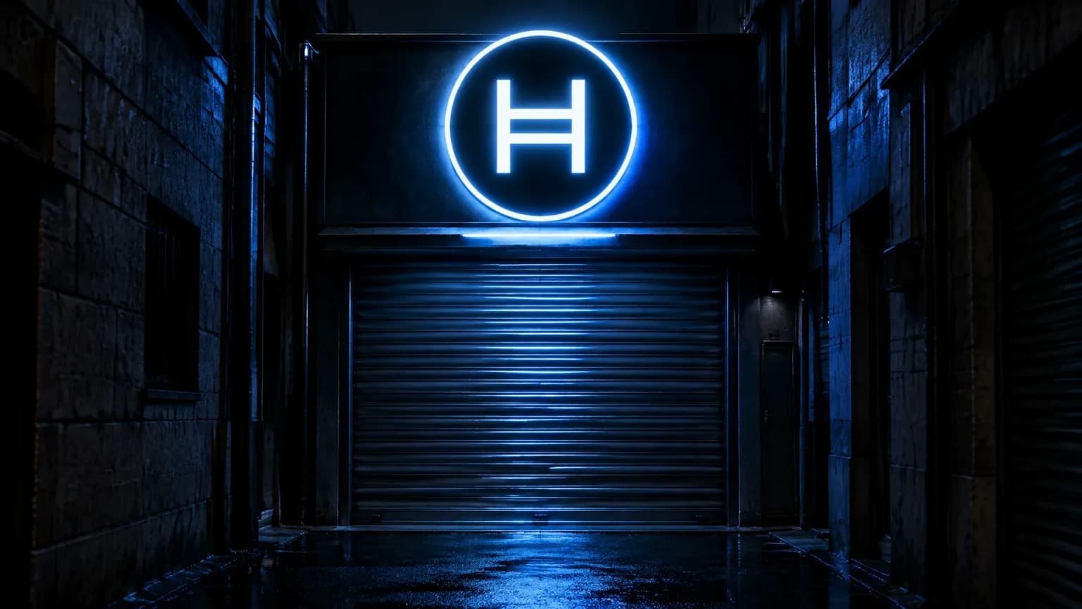 Blau leuchtendes Neonzeichen mit dem HBAR-Zeichen über dem geschlossenen Stahlrolltor einer Wechselstube in einer nachtdunklen Gasse, der nasse Asphalt spiegelt das Licht