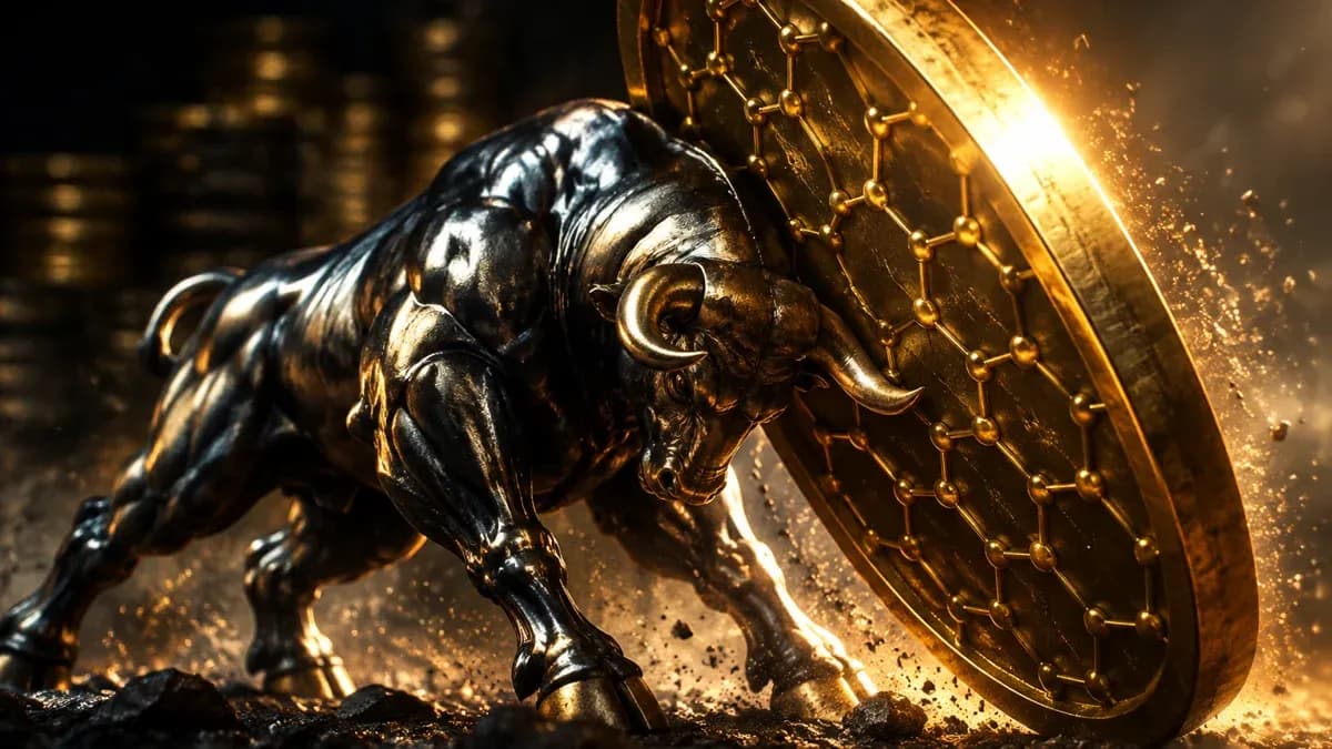 Metallener Bulle stemmt eine grosse Muenze mit eingepraegtem Wabenmuster nach oben